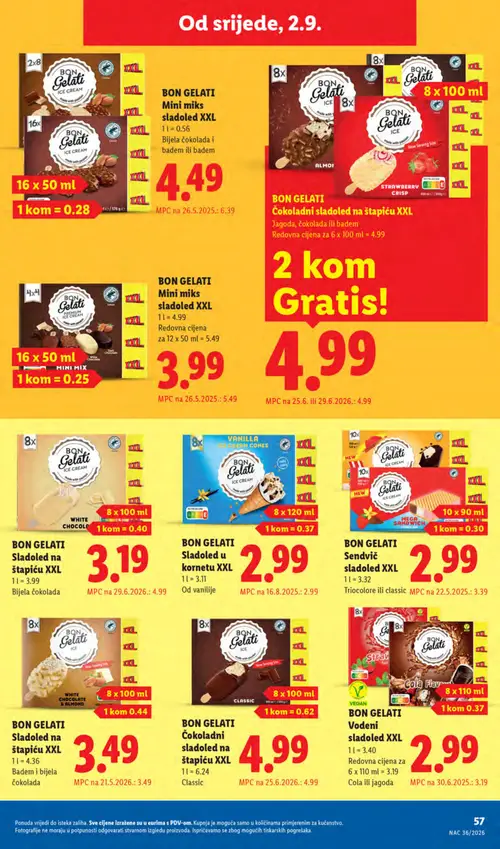 Lidl katalog — stranica 57: BON GELATI Mini miks sladoled XXL, BON GELATI Sladoled na štapiću XXL, BON GELATI Sendvič sladoled XXL, BON GELATI Vodeni sladoled XXL (vrijedi 31. 08. 2026.–06. 09. 2026.)