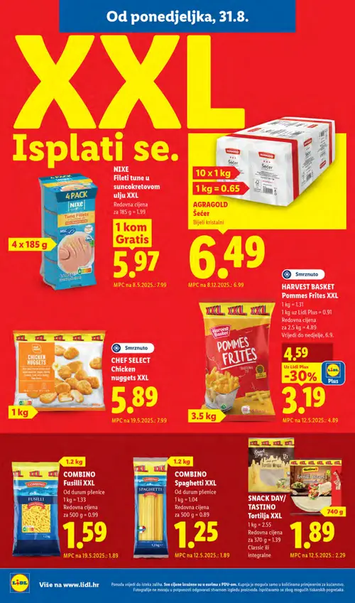 Lidl katalog — stranica 6: HARVEST BASKET Pommes Frites XXL, COMBINO Spaghetti XXL, CHEF SELECT Chicken nuggets XXL, NIXE Fileti tune u suncokretovom ulju XXL (vrijedi 31. 08. 2026.–06. 09. 2026.)