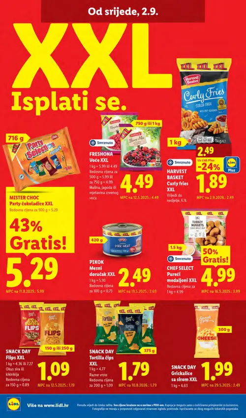 Lidl katalog — stranica 60: FRESHONA Voće XXL, HARVEST BASKET Curly fries XXL, SNACK DAY Grickalice sa sirom XXL, MISTER CHOC Party čokoladice XXL (vrijedi 31. 08. 2026.–06. 09. 2026.)