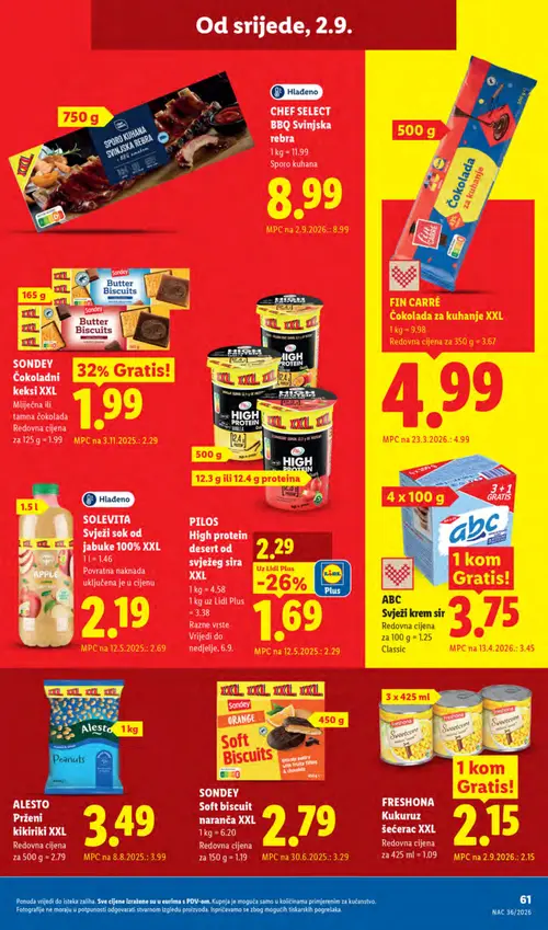Lidl katalog — stranica 61: PILOS High protein desert od svježeg sira XXL, SOLEVITA Svježi sok od jabuke 100% XXL, SONDEY Soft biscuit naranča XXL, SONDEY Čokoladni keksi XXL Mliječna ili tamna čokolada (vrijedi 31. 08. 2026.–06. 09. 2026.)