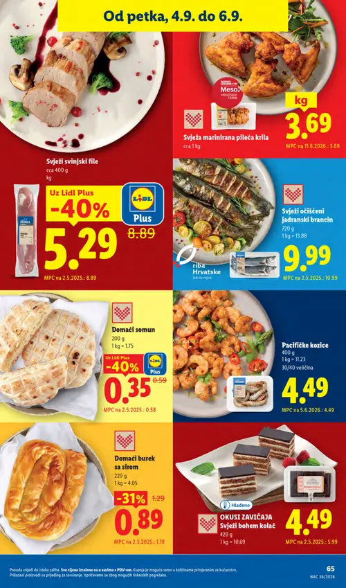 Lidl katalog — stranica 65: Domaći somun, Svježi svinjski file, Domaći burek sa sirom, Okusi zavičaja Svježi bohem kolač (vrijedi 31. 08. 2026.–06. 09. 2026.)