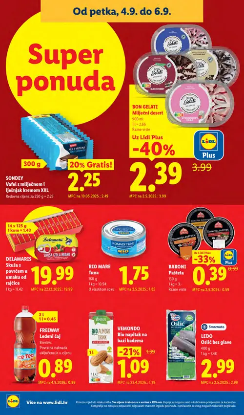 Lidl katalog — stranica 66: BON GELATI Mliječni desert razne vrste, BARONI Pašteta razne vrste, VEMONDO Bio napitak na bazi badema, RIO MARE Tuna u vlastitom soku (vrijedi 31. 08. 2026.–06. 09. 2026.)