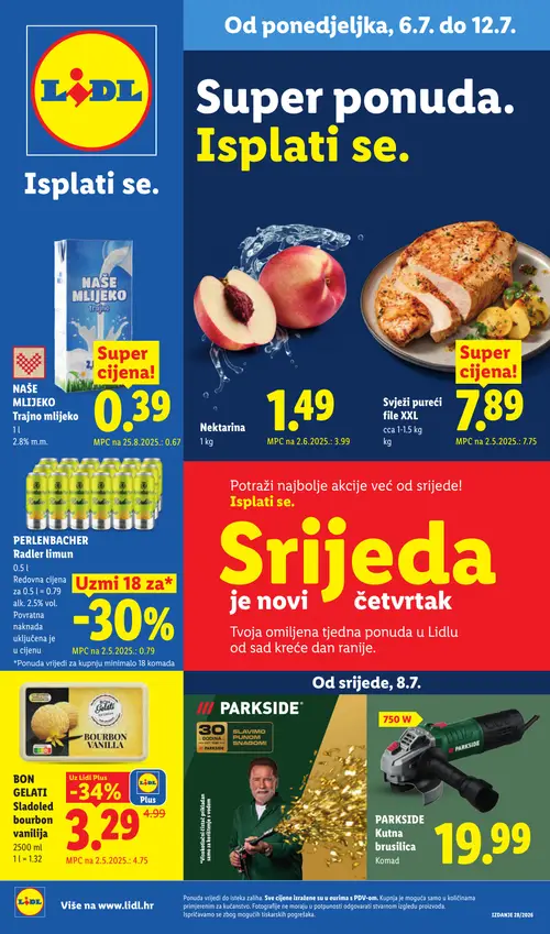 Lidl katalog — stranica 1: Nektarina, NAŠE MLIJEKO Trajno mlijeko 2.8% m.m., BON GELATI BON GELATI Sladoled bourbon vanilija (vrijedi 06. 07. 2026.–12. 07. 2026.)