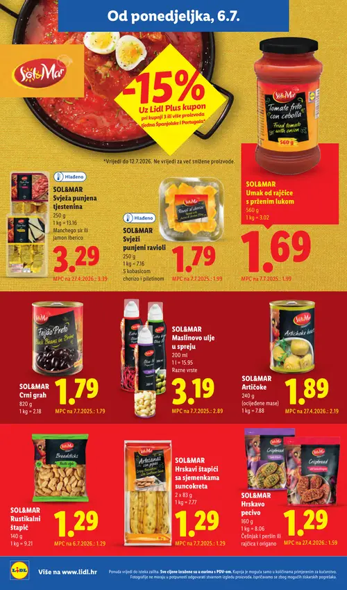 Lidl katalog — stranica 13: SOL&MAR SOL&MAR Hrustavo pecivo, SOL&MAR SOL&MAR Umak od rajčice s prženim lukom, SOL&MAR SOL&MAR Artičoke, SOL&MAR SOL&MAR Svježi punjeni ravioli s kobasicom (vrijedi 06. 07. 2026.–12. 07. 2026.)