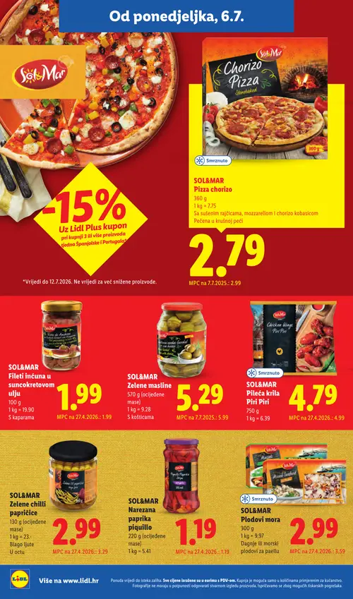 Lidl katalog — stranica 15: SOL&MAR SOL&MAR Plodovi mora, SOL&MAR SOL&MAR Zelene masline, SOL&MAR SOL&MAR Zelene chili papričice, SOL&MAR SOL&MAR Pizza chorizo (vrijedi 06. 07. 2026.–12. 07. 2026.)