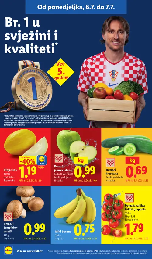 Lidl katalog — stranica 2: Domaći krastavac, Domaća jabuka zelena, Dinja žuta, Domaća rajčica koktel grappolo (vrijedi 06. 07. 2026.–12. 07. 2026.)