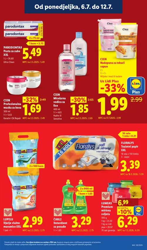 Lidl katalog — stranica 22: CIEN Nadopuna za tekući sapun, CIEN CIEN Profesionalna maska za kosu, CIEN CIEN Micelarna vodica za lice, LUMEAS LUMEAS Premium mirisna svijeća (vrijedi 06. 07. 2026.–12. 07. 2026.)