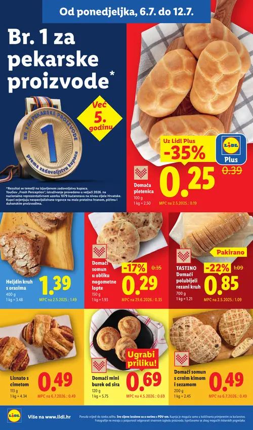 Lidl katalog — stranica 4: Domaća pletenica, TASTINO TASTINO Domaći polubijeli rezani kruh, Domaći somun u obliku nogometne lopte, Heljdin kruh s orasima (vrijedi 06. 07. 2026.–12. 07. 2026.)