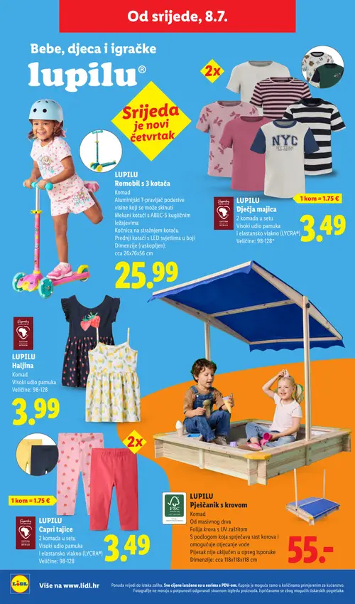 Lidl katalog — stranica 43: LUPILU Romobil s 3 kotača, LUPILU Dječja majica, LUPILU Haljina, LUPILU Capri tajice (vrijedi 06. 07. 2026.–12. 07. 2026.)