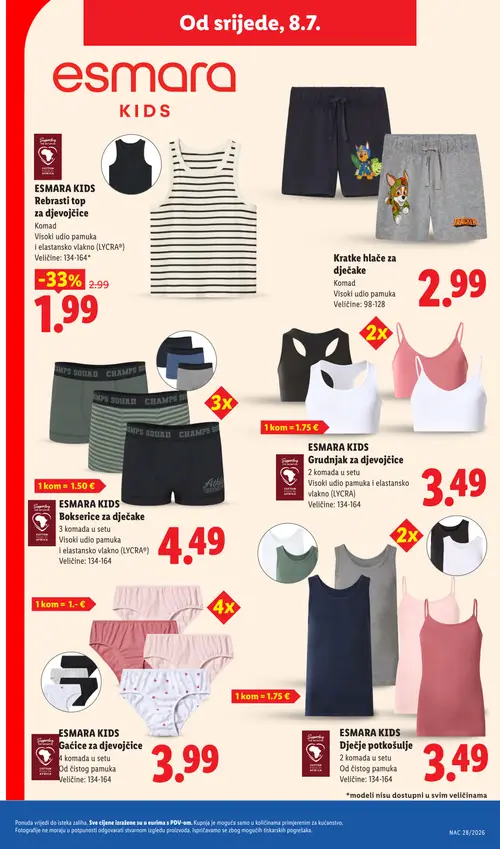 Lidl katalog — stranica 44: ESMARA KIDS ESMARA KIDS Rebrasti top za djevojičice, ESMARA KIDS ESMARA KIDS Bokserice za dječake, ESMARA KIDS ESMARA KIDS Gaćice za djevojičice, ESMARA KIDS ESMARA KIDS Dječje potkošulje (vrijedi 06. 07. 2026.–12. 07. 2026.)