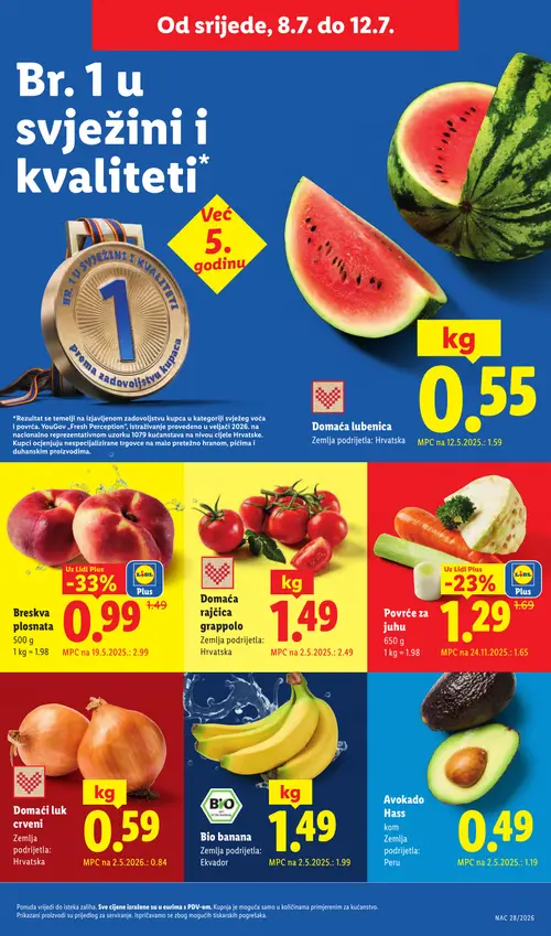 Lidl katalog — stranica 50: Lubenica, Avokado Hass, Rajčica grappolo, Lidl Plus Breskva plosnata (vrijedi 06. 07. 2026.–12. 07. 2026.)