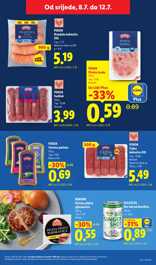 Lidl katalog — stranica 52: PIKOK PIKOK Pivska šunka, SOLEVITA SOLEVITA Bio sok od đumbira, PIKOK PIKOK Jetrena pašteta, BARONI BARONI Pečena pileća pljeskavica (vrijedi 06. 07. 2026.–12. 07. 2026.)