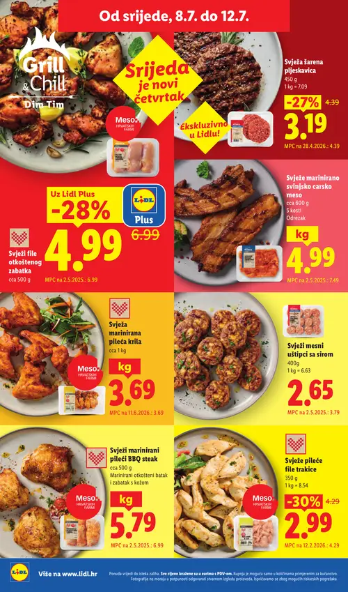 Lidl katalog — stranica 53: Svježe marinirano svinjsko carsko meso, Svježe pileće file trakice, Svježi pileći file uštipci sa sirom, Svježe file otkoštenog zabatka (vrijedi 06. 07. 2026.–12. 07. 2026.)