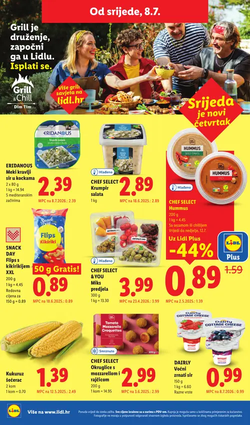Lidl katalog — stranica 55: LIDL Plus LIDL Plus, ERIDANOUS ERIDANOUS Meki kravlji sir u kockama s mediteranskim začinima, CHEF SELECT CHEF SELECT Krumpir salata, CHEF SELECT CHEF SELECT Hummus (vrijedi 06. 07. 2026.–12. 07. 2026.)