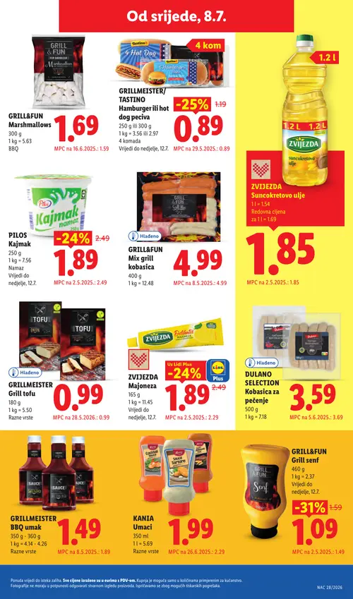 Lidl katalog — stranica 56: GRILL&FUN GRILL&FUN Grill senf, GRILLMEISTER/ TASTINO GRILLMEISTER/ TASTINO Hamburger ili hot dog peciva, ZVIJEZDA ZVIJEZDA Majoneza, PILOS PILOS Kajmak (vrijedi 06. 07. 2026.–12. 07. 2026.)