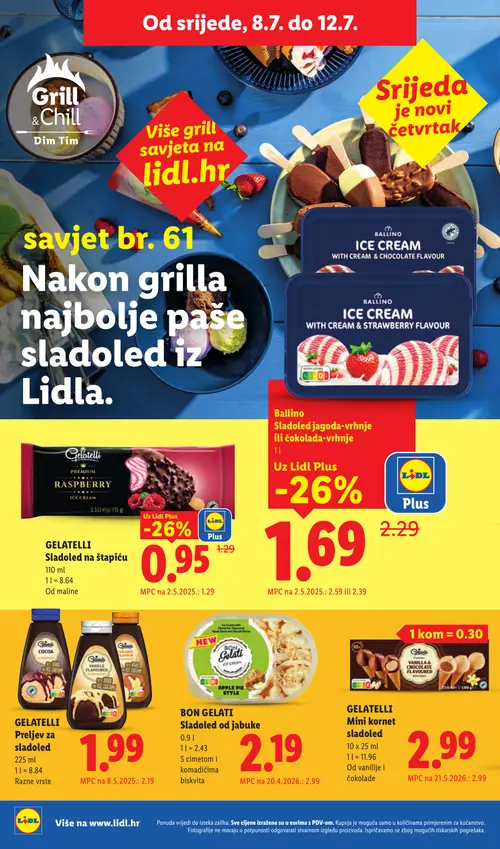 Lidl katalog — stranica 61: Ballino Ballino Ice Cream With Cream & Strawberry Flavour, BON GELATI BON GELATI Sladoled od jabuke, Gelatelli GELATELLI Premium Raspberry Sladoled na štapiću, Ballino Ballino Ice Cream With Cream & Chocolate Flavour (vrijedi 06. 07. 2026.–12. 07. 2026.)