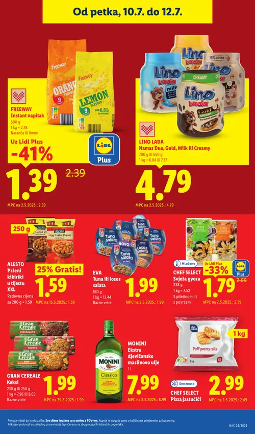 Lidl katalog — stranica 68: FREEWAY FREEWAY Instant napitak, CHEF SELECT CHEF SELECT Svježa gyoza, MONINI MONINI Ekstra djevičansko maslinovo ulje (vrijedi 06. 07. 2026.–12. 07. 2026.)