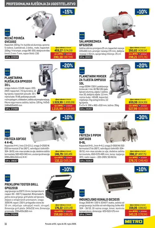 Metro katalog — stranica 11: REZAČ POVRĆA GVC1002, SALAMOREZNICA GFS2025R, PLANETARNI MIKSER ZA TIJESTA GMP1010 10L, FRITEZA GDF302 4,4+4L (vrijedi 01. 09. 2026.–30. 09. 2026.)