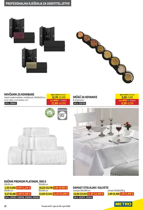 Metro katalog — stranica 15: RUČNIK PREMIUM PLATINUM, 550 G, DAMAST STOLNJAK I SALVETE, NOVČANIK ZA KONOBARE, DRŽAČ ZA KOVANICE (vrijedi 01. 09. 2026.–30. 09. 2026.)