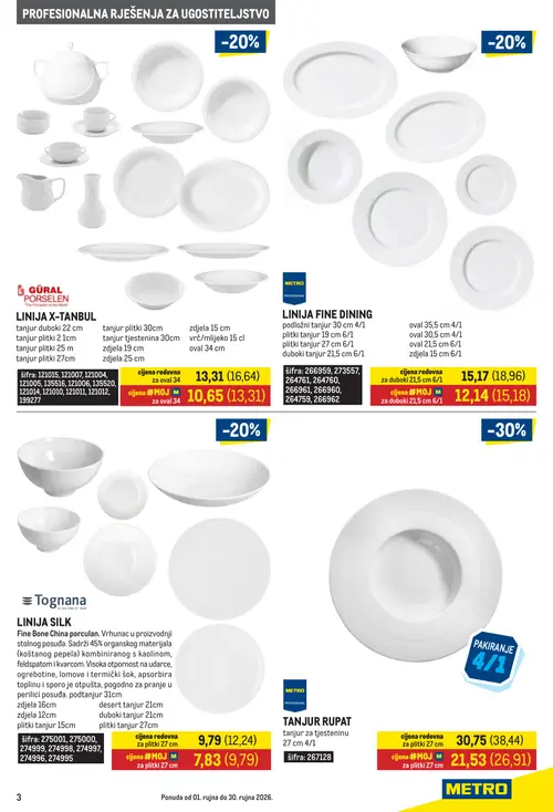 Metro katalog — stranica 3: zdjela 15 cm vrč/mlijeko 15 cl oval 34 cm, zdjela 15 cm vrč/mlijeko 15 cl oval 34 cm, duboki tanjur 21,5 cm, duboki tanjur 21,5 cm (vrijedi 01. 09. 2026.–30. 09. 2026.)