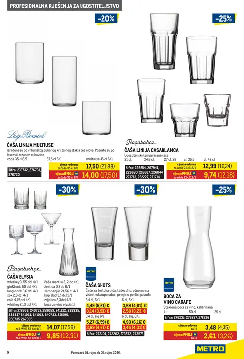Metro katalog — stranica 5: Pasabahçe ČAŠA SHOTS, Pasabahçe ČAŠA SHOTS, Luigi Bormioli ČAŠA LINIA MULTIUSE, Luigi Bormioli ČAŠA LINIA MULTIUSE (vrijedi 01. 09. 2026.–30. 09. 2026.)