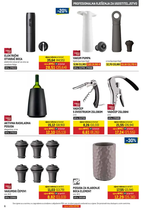 Metro katalog — stranica 6: vacu vin ELEKTRIČNI OTVARAČ BOCA, vacu vin VAKUM PUMPA bijela (pumpa+čep), vacu vin VAKUM PUMPA crna (pumpa+čep), vacu vin AKTIVNA RASHLADNA POSUDA elegantna, crna (vrijedi 01. 09. 2026.–30. 09. 2026.)