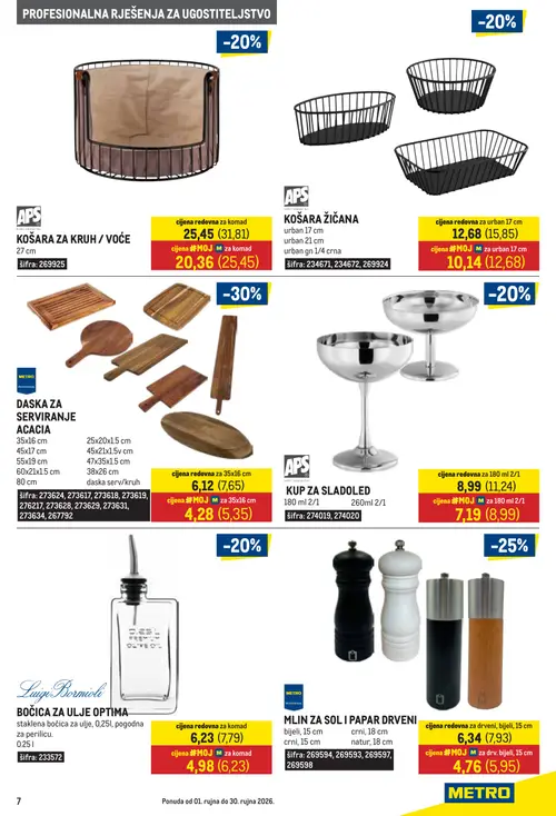 Metro katalog — stranica 7: METRO PROFESSIONAL DASKA ZA SERVIRANJE ACACIA, METRO PROFESSIONAL MLIN ZA SOL I PAPAR DRVENI, Luigi Bormioli BOČICA ZA ULJE OPTIMA, APS KOŠARA ZA KRUH / VOĆE (vrijedi 01. 09. 2026.–30. 09. 2026.)