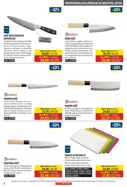 Metro katalog — stranica 8: NOŽ ŠEFA KUHINJE DAMASCUS, DASKΐ ZA REZANJE, HENDI SASHIMI NOŽ, HENDI NAKIRI NOŽ (vrijedi 01. 09. 2026.–30. 09. 2026.)