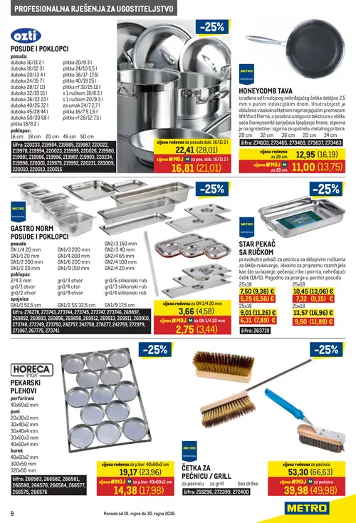 Metro katalog — stranica 9: GASTRO NORM GN 1/4 20 mm, OZTI Posuda duboka 16/11 2 L, METRO PROFESSIONAL Tava honeycomb 28 cm, Star pekač sa ručkom 25x18 (vrijedi 01. 09. 2026.–30. 09. 2026.)