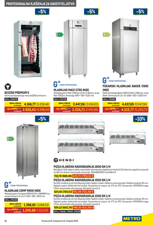 Metro katalog — stranica 11: PIZZA HLAĐENA NADOGRADNJA 1200 GN 1/4, PIZZA HLAĐENA NADOGRADNJA 1500 GN 1/4, HENDI PIZZA HHLADENA NADOGRADNJA 1800 GN 1/4, GRAM PROFESSIONAL HLADNJAK COMP R400 INOX (vrijedi 01. 10. 2026.–31. 10. 2026.)