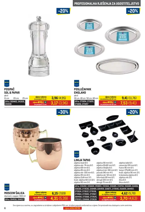 Metro katalog — stranica 6: LINIJA TAPAS zdjelica boat 6/1, LINIJA TAPAS zdjelica boat 6/1, METRO PROFESSIONAL POSIPAČ SOL & PAPAR akril 11 cm, METRO PROFESSIONAL POSLUŽAVNIK ENGLAND akril 60 cm (vrijedi 01. 10. 2026.–31. 10. 2026.)