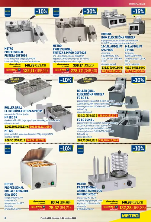 Metro katalog — stranica 3: METRO PROFESIONAL FRITEZA S PIPOM GDF3028, METRO PROFESSIONAL GRIJALO KOBASICA GSW 1000, ROLLER GRILL ELEKTRIČNA FRITEZA FD 80 8 L, ROLLER GRILL MF 120 (vrijedi 16.10.–31.12.2026.)
