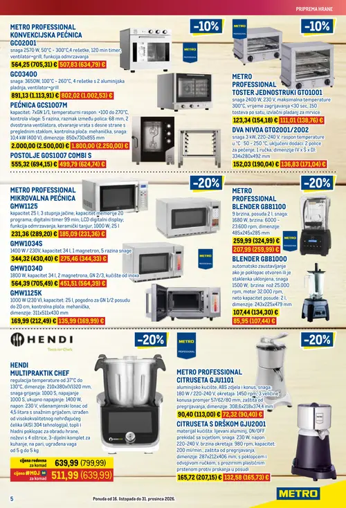 Metro katalog — stranica 5: METRO PROFESSIONAL CITRUSETA GJU1101, BLENDER GBB1000, METRO PROFESSIONAL MIKROVALNA PEĆNICA GMW1125, HENDI MULTIPRAKTIK CHEF (vrijedi 16.10.–31.12.2026.)