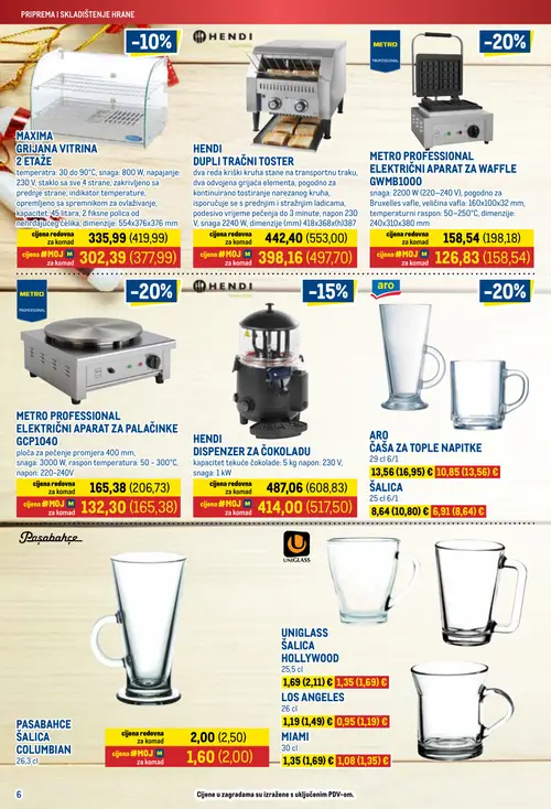 Metro katalog — stranica 6: UNIQLASS ŠALICA LOS ANGELES, UNIQLASS ŠALICA HOLLYWOOD, UNIQLASS ŠALICA MIAMI, HENDI DISPENZER ZA ČOKOLADU (vrijedi 16.10.–31.12.2026.)