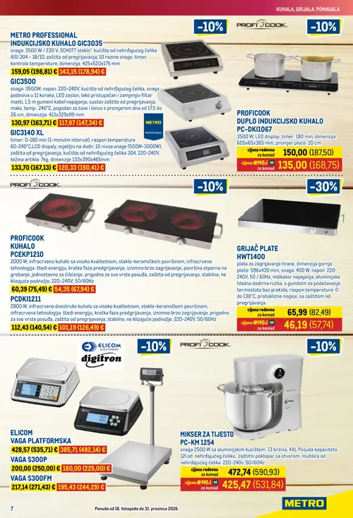 Metro katalog — stranica 7: GRIJAČ PLATE HWT1400, PROFICOOK DUPLO INDUKCIJSKO KUHALO PC-DKI1067, MIKSER ZA TIJESTO PC-KM 1254, VAGA S300P (vrijedi 16.10.–31.12.2026.)