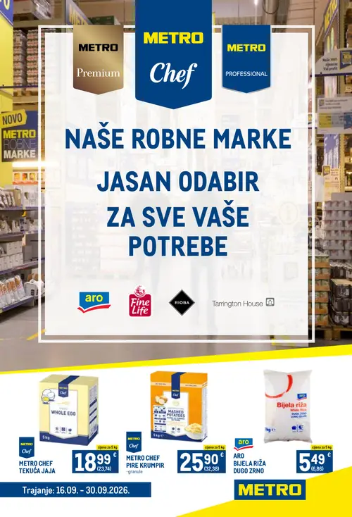 Metro katalog — stranica 1: METRO CHEF PIRE KRUMPIR, ARO BIJELA RIŽA DUGOG ZRNA, METRO CHEF TEKUĆA JAJA (vrijedi 16. 09. 2026.–30. 09. 2026.)