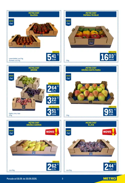 Metro katalog — stranica 3: METRO CHEF ŠLJIVA, METRO CHEF GROŽĐE ROZO, METRO CHEF KRUŠKA SANTA MARIA, METRO CHEF RAJČICA (vrijedi 16. 09. 2026.–30. 09. 2026.)