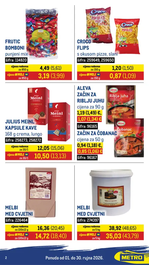 Metro katalog — stranica 2: FRUTIC BOMBONI punjeni mix, CROCO FLOPS s okusom pizze, slani, JULIUS MEINL KAPSULE KAVE 168 g crema, lungo, ALEVA ZAČIN ZA RIBLJU Juhu (vrijedi 01. 09. 2026.–30. 09. 2026.)