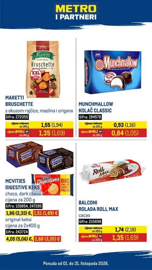 Metro katalog — stranica 1: MCVITIES DIGESTIVE KEKS choco, dark choco, BALCONI ROLADA ROLL MAX cacao, MCVITIES DIGESTIVE KEKS choco, dark choco, MARETTI BRUSCHETTE s okusom rajčice, maslina i origana (vrijedi 01.10.–31.10.2026.)
