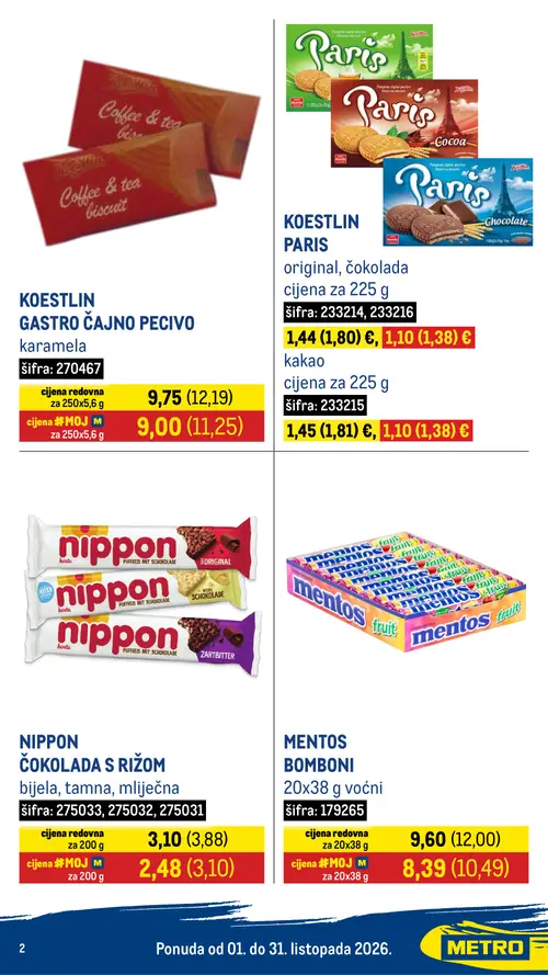 Metro katalog — stranica 2: KOESTLIN PARIS original, čokolada, KOESTLIN PARIS kakao, NIPPON ČOKOLADA s rižom bijela, tamna, mliječna, KOESTLIN GASTRO ČAJNO PECIVO karamela (vrijedi 01.10.–31.10.2026.)