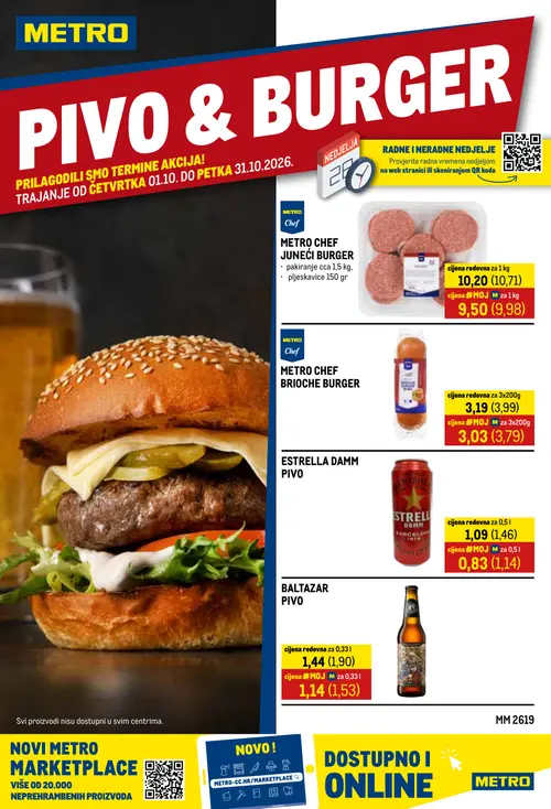 Metro katalog — stranica 1: ESTRELLA DAMM PIVO, BALTAZAR PIVO, METRO CHEF BRIOCHE BURGER, METRO CHEF JUNEĆI BURGER pljeskavice (vrijedi 01. 10. 2026.–31. 10. 2026.)