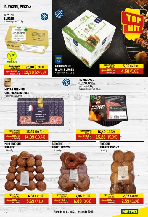Metro katalog — stranica 3: BRIOCHE BURGER PECIVO, METRO CHEF BILJNI BURGER, BEYOND BURGER, BRIOCHE BAGEL PECIVO (vrijedi 01. 10. 2026.–31. 10. 2026.)