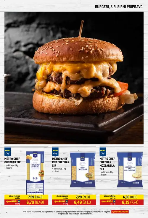 Metro katalog — stranica 4: METRO CHEF RED CHEDDAR SIR pakiranje 1 kg ribani, METRO CHEF CHEDDAR SIR pakiranje 1 kg rezani, METRO CHEF CHEDDAR MOZZARELA MIX pakiranje 1 kg ribani (vrijedi 01. 10. 2026.–31. 10. 2026.)