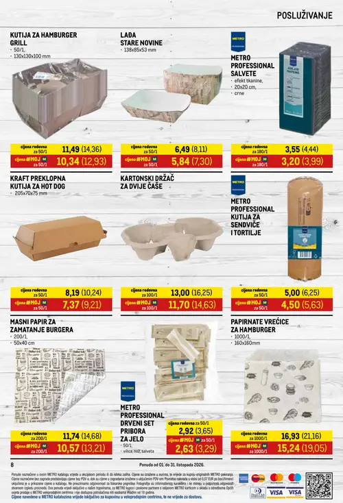 Metro katalog — stranica 8: PAPIRNATE VREĆICE ZA HAMBURGER, KUTIJA ZA HAMBURGER GRILL, KRAFT PREKLOPNA KUTIJA ZA HOT DOG, KARTONSKI DRŽAČ ZA DVIJE ČAŠE (vrijedi 01. 10. 2026.–31. 10. 2026.)