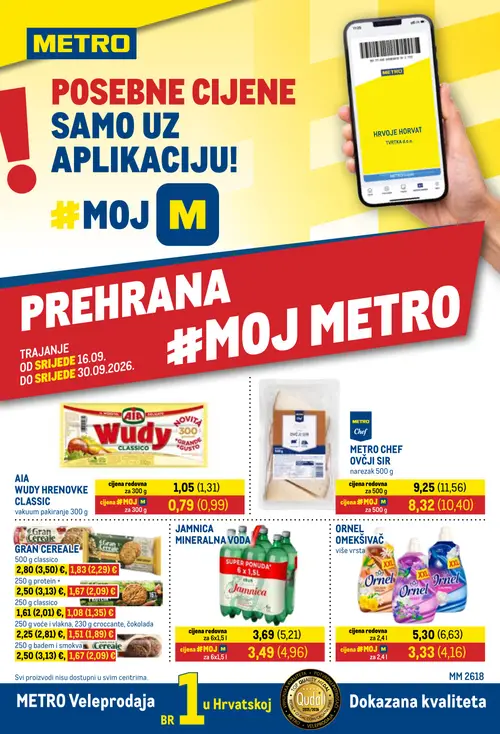 Metro katalog — stranica 1: JAMNICA MINERALNA VODA, AIA WUDY HRENOVKE CLASSIC, Gran Cereale VOĆE I VLAKNA, CROCCANTE, ČOKOLADA, Gran Cereale BADEM I SMOKVA (vrijedi 16. 09. 2026.–30. 09. 2026.)
