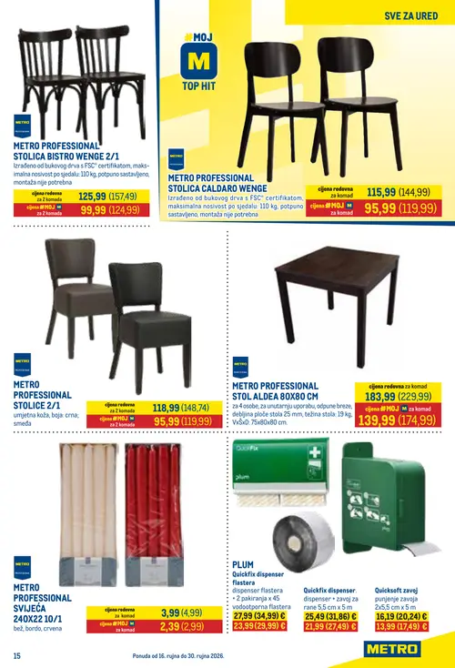 Metro katalog — stranica 11: METRO PROFESSIONAL SVIJEĆA 240X22 10/1, METRO PROFESSIONAL STOL ALDEA 80X80 CM, METRO PROFESSIONAL STOLICA BISTRO WENGE 2/1, METRO PROFESSIONAL STOLICE 2/1 (vrijedi 16. 09. 2026.–30. 09. 2026.)