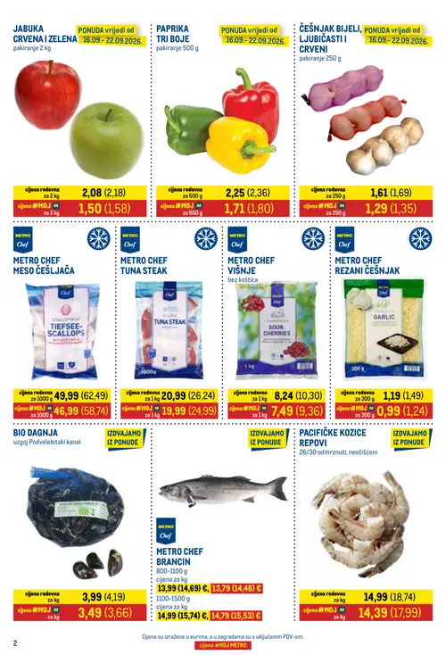 Metro katalog — stranica 2: METRO CHEF REZANI ČEŠNJAK, METRO CHEF MESO ČEŠLJAČA, METRO CHEF TUNA STEAK, METRO CHEF VIŠNJE bez koštica (vrijedi 16. 09. 2026.–30. 09. 2026.)