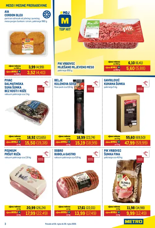 Metro katalog — stranica 3: AIA CORDON BLEU panirani odrezak od pilećeg i purećeg mesa punjen šunkom i sirom, BELJE KULENOVA SEKA, GAVRILOVIĆ KUHANA ŠUNKA, SUHA ŠUNKA BEZ KOSTIJU I KOŽE (vrijedi 16. 09. 2026.–30. 09. 2026.)