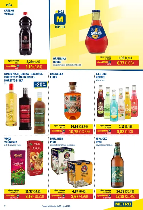 Metro katalog — stranica 7: Carski Vranac, Niksićko Pivo, Orangina Rouge, Vindi Voćni sok A+C+E, crveno voće (vrijedi 16. 09. 2026.–30. 09. 2026.)