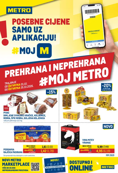 Metro katalog — stranica 1: Podravka rajčica pasirana, Vina Mitev Vranac, Pivac dimljene svinjske kračice, koljenice, rebra, špic rebra, guljena koljenica (vrijedi 01. 10. 2026.–15. 10. 2026.)